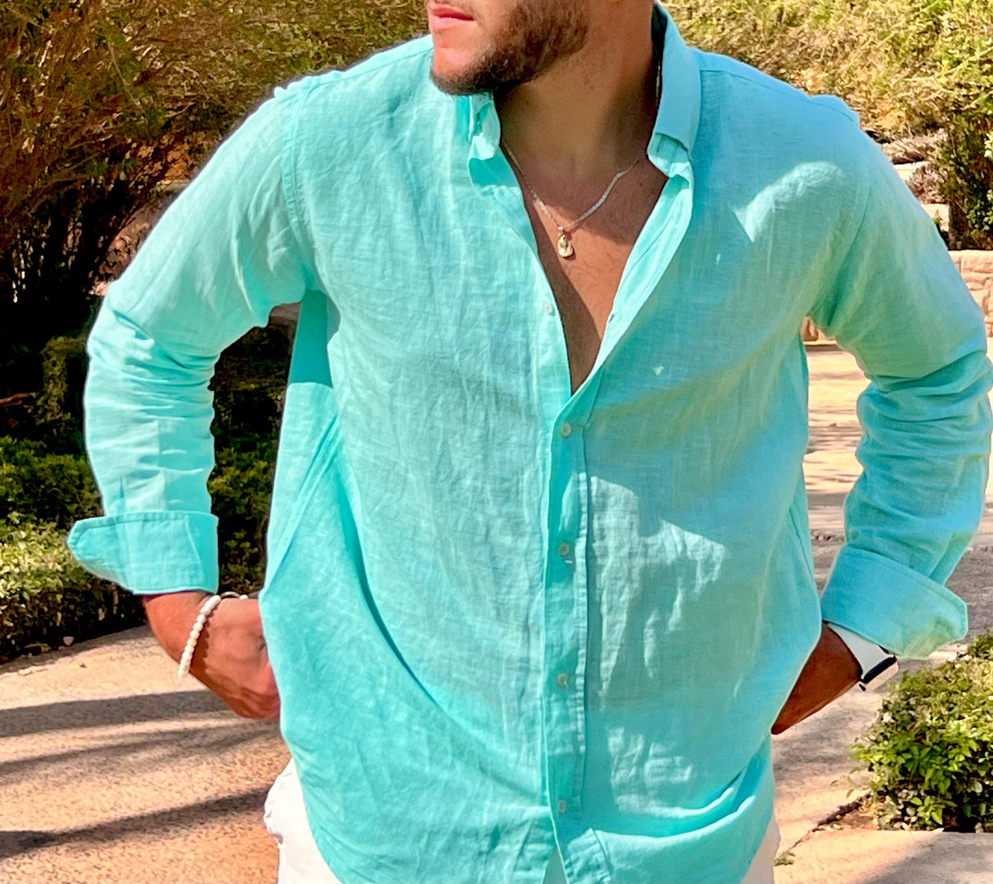 Linen Full Neck Shirt - Turquoise