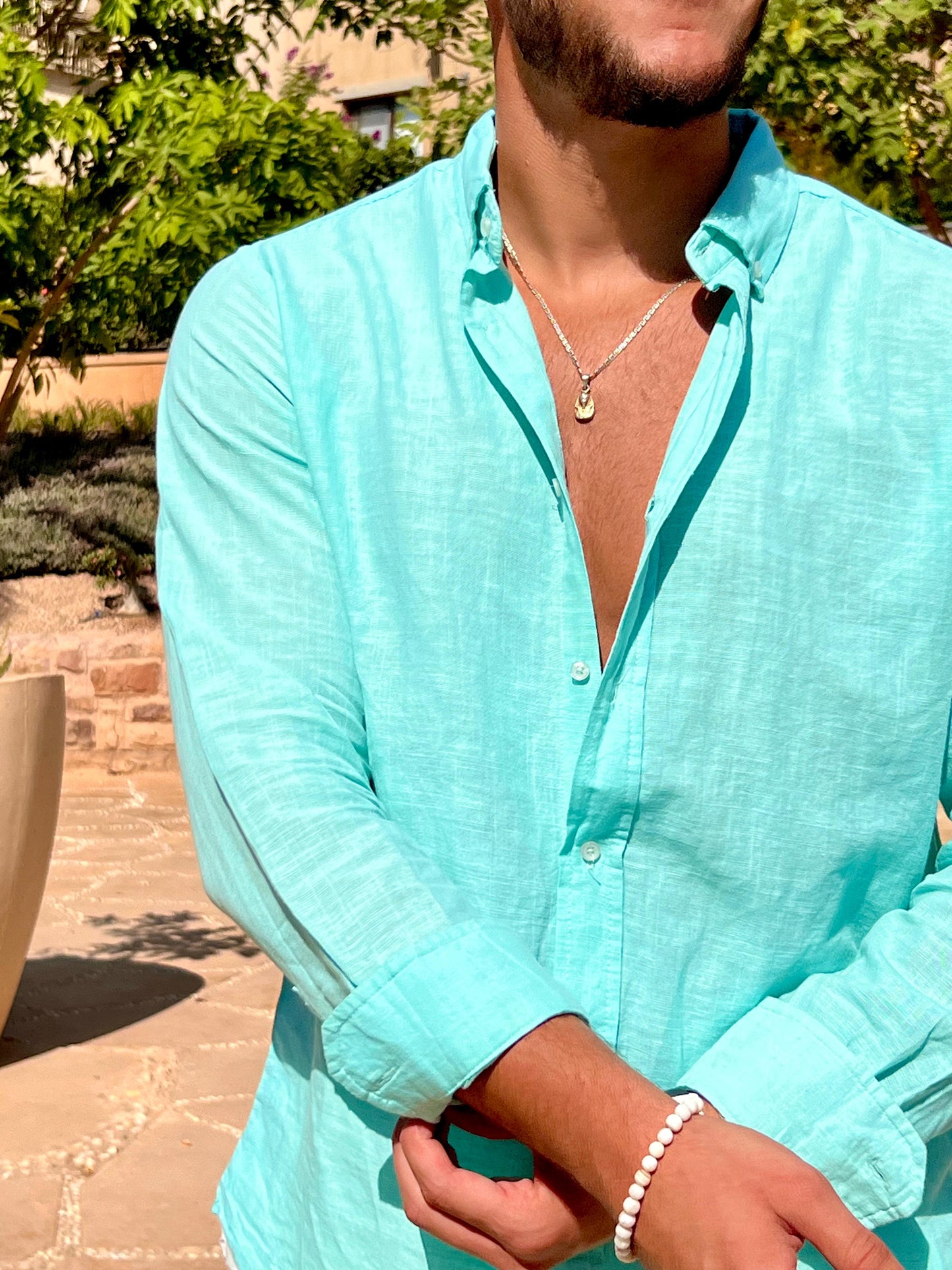 Linen Full Neck Shirt - Turquoise