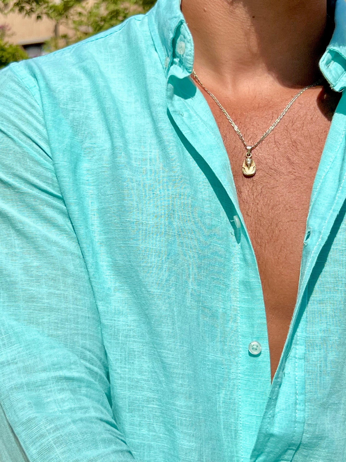 Linen Full Neck Shirt - Turquoise