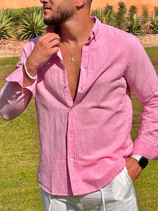 Linen Full Neck Shirt - Pink