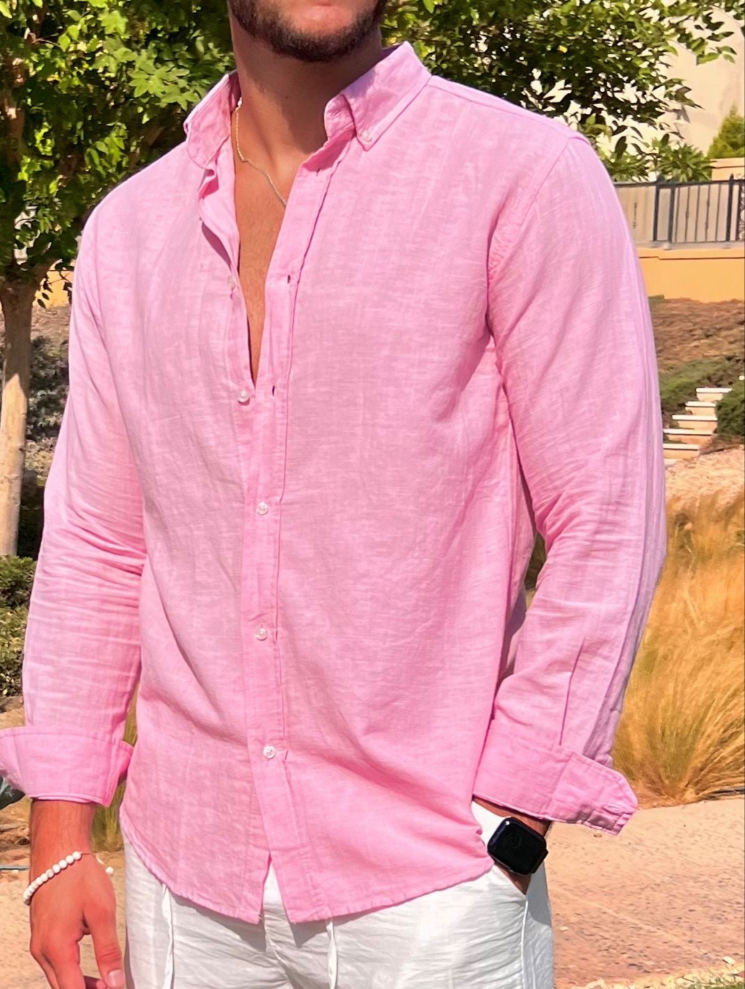 Linen Full Neck Shirt - Pink