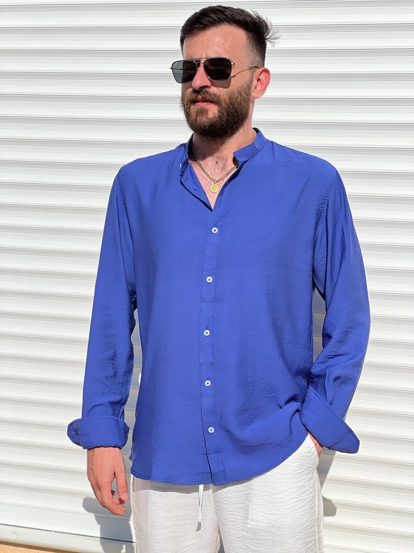 Linen Half Neck Shirt - Blue