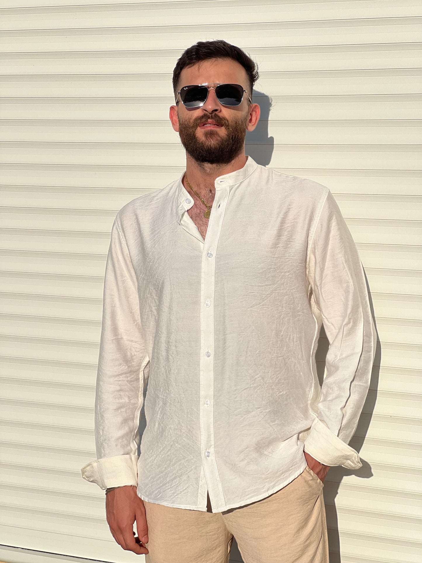 Linen Half Neck Shirt - White