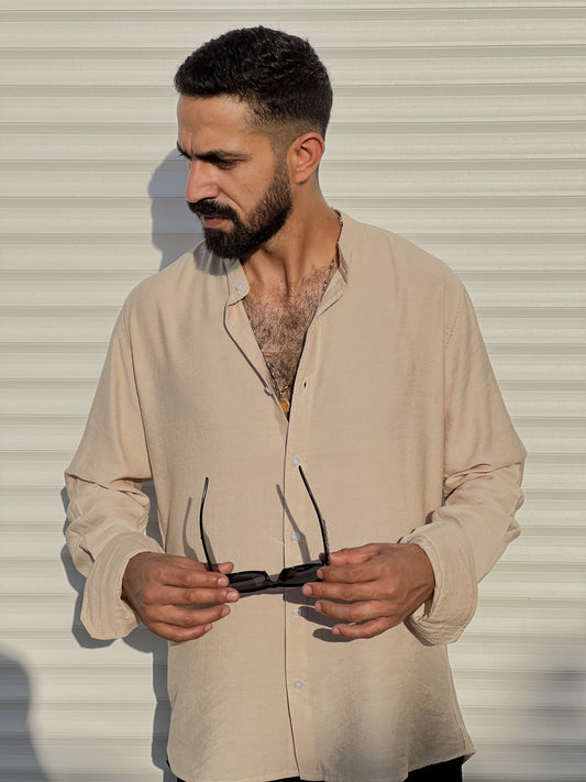 Linen Half Neck Shirt - Beige