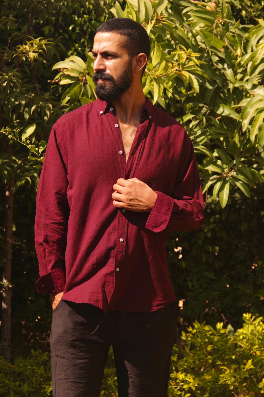 Linen Full Neck Shirt - Maroon