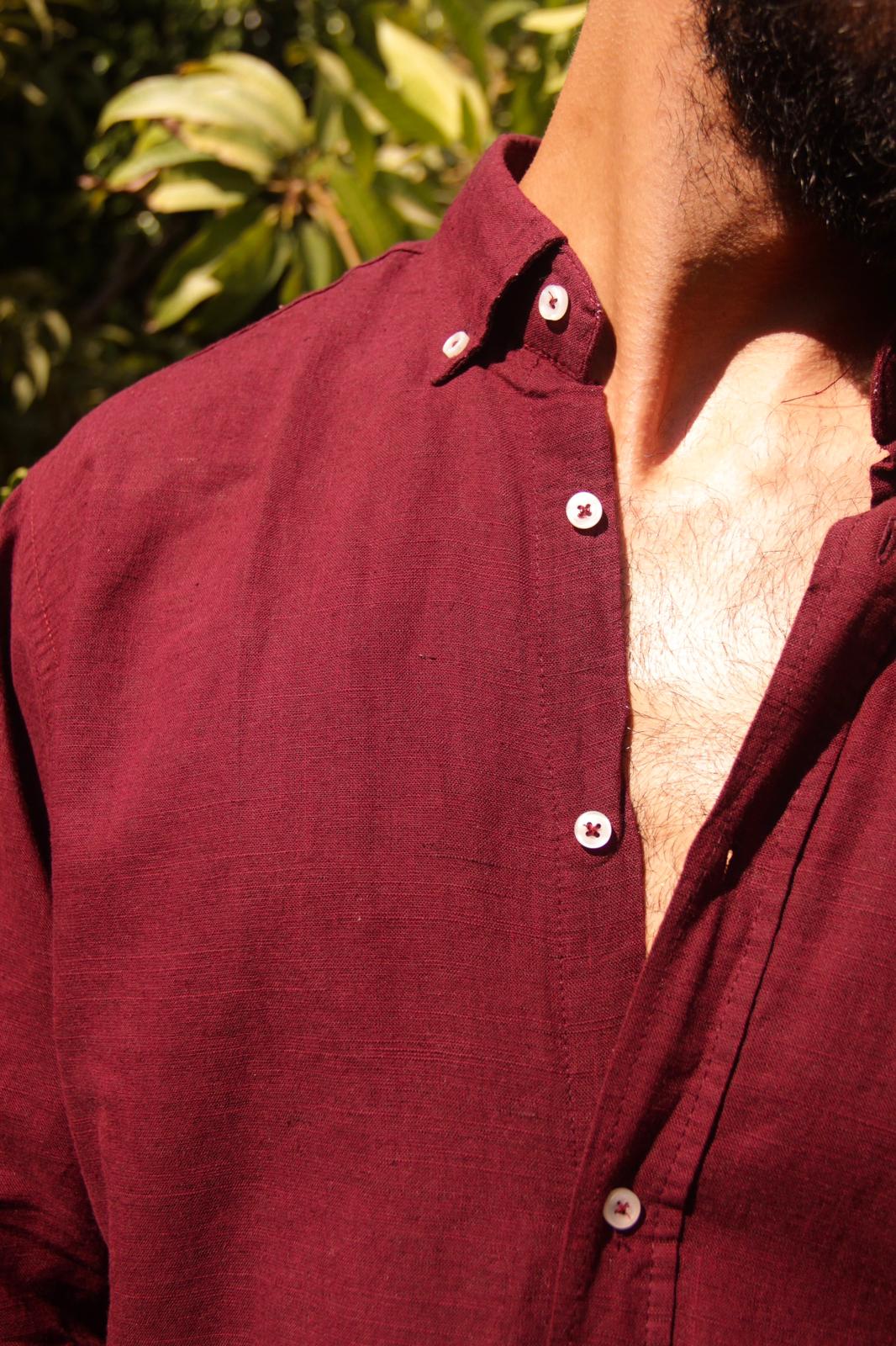 Linen Full Neck Shirt - Maroon